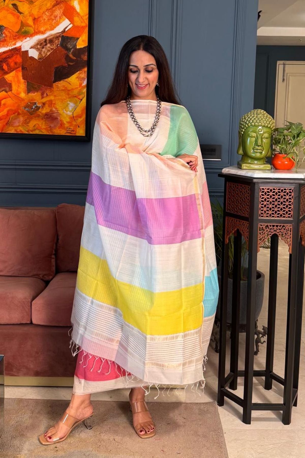 Handwoven Maheshwari silk kurta dupatta set